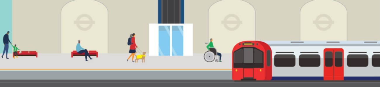 Cartoon illustration of a London Underground station platform with a Tube train and a lift door