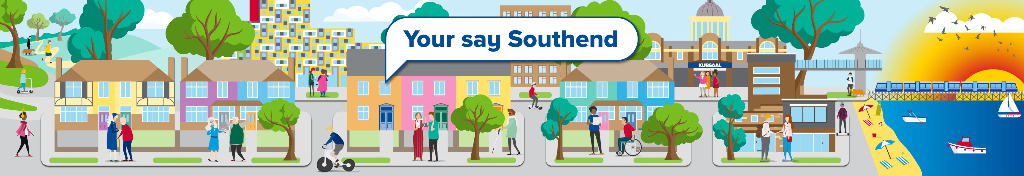 Your say Southend banner,cartoon graphic landscape on Southend with the Kursaal, pier, seaside and residents