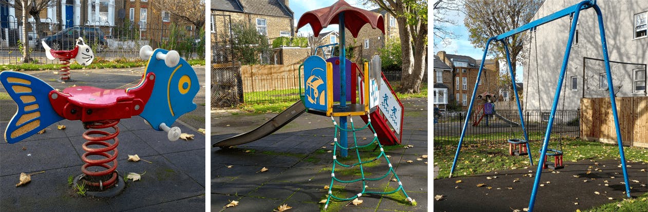 Three photos showing play equipment. A springer, multi-play play unit and swings