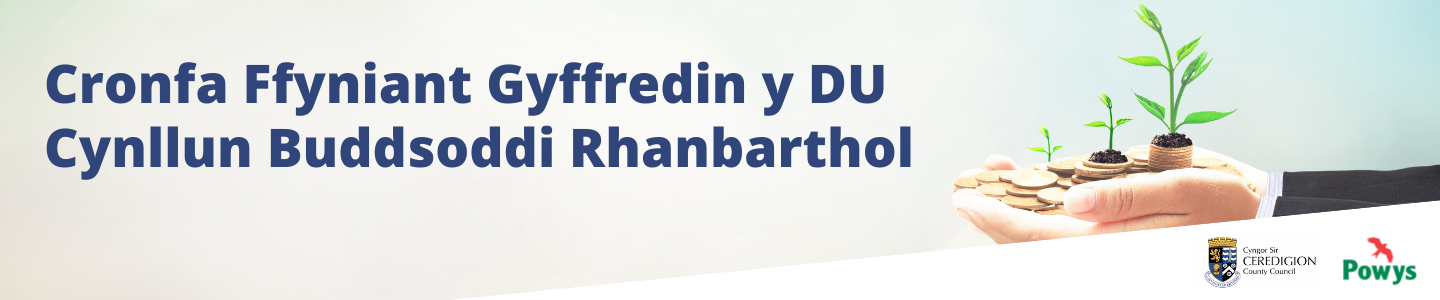 Image of a hand holding money with the text "Cronfa Ffyniant Gyffredin y DU, Cynllun Buddsoddi Rhanbarthol" in bold