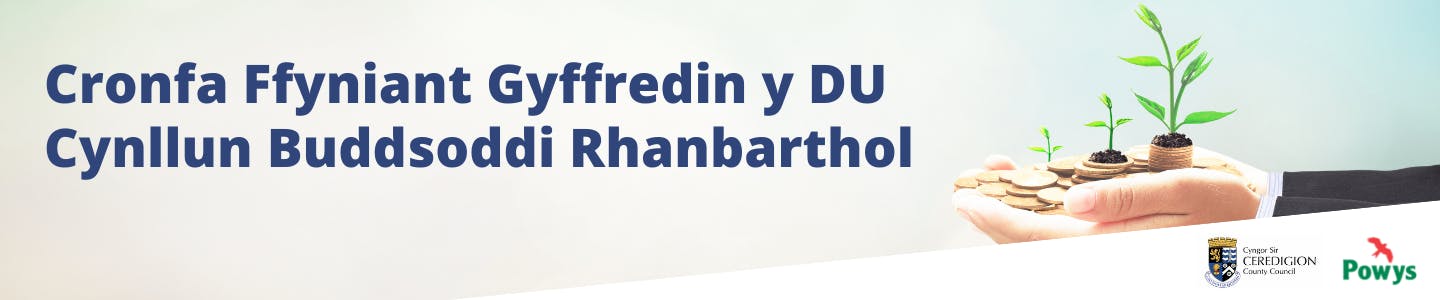 Image of a hand holding money with the text "Cronfa Ffyniant Gyffredin y DU, Cynllun Buddsoddi Rhanbarthol" in bold
