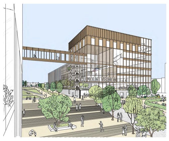Artist's impression of a new cancer centre with link bridge to Watford General Hospital