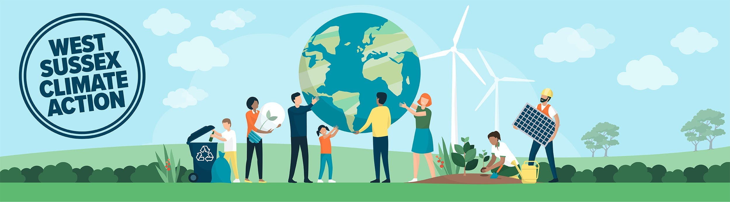 West Sussex Climate Action logo  banner with people around a model of the earth with wind turbines, recycle bins solar panels