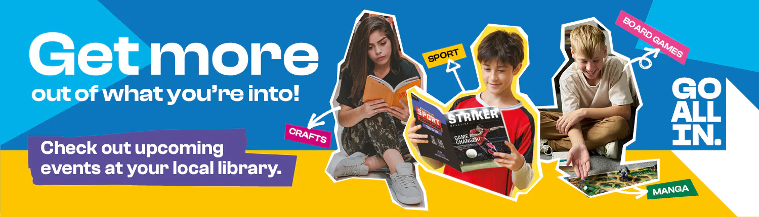 Promotional image featuring one young person reading a book, one reading a football magazine and one playing a board game.