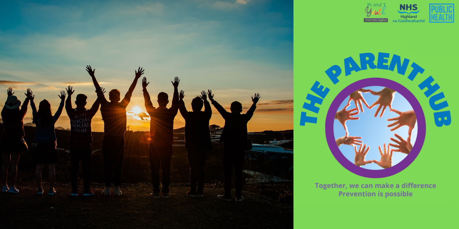 Teenagers standing with their backs facing us, arms in the air as the sun sets in front of them.