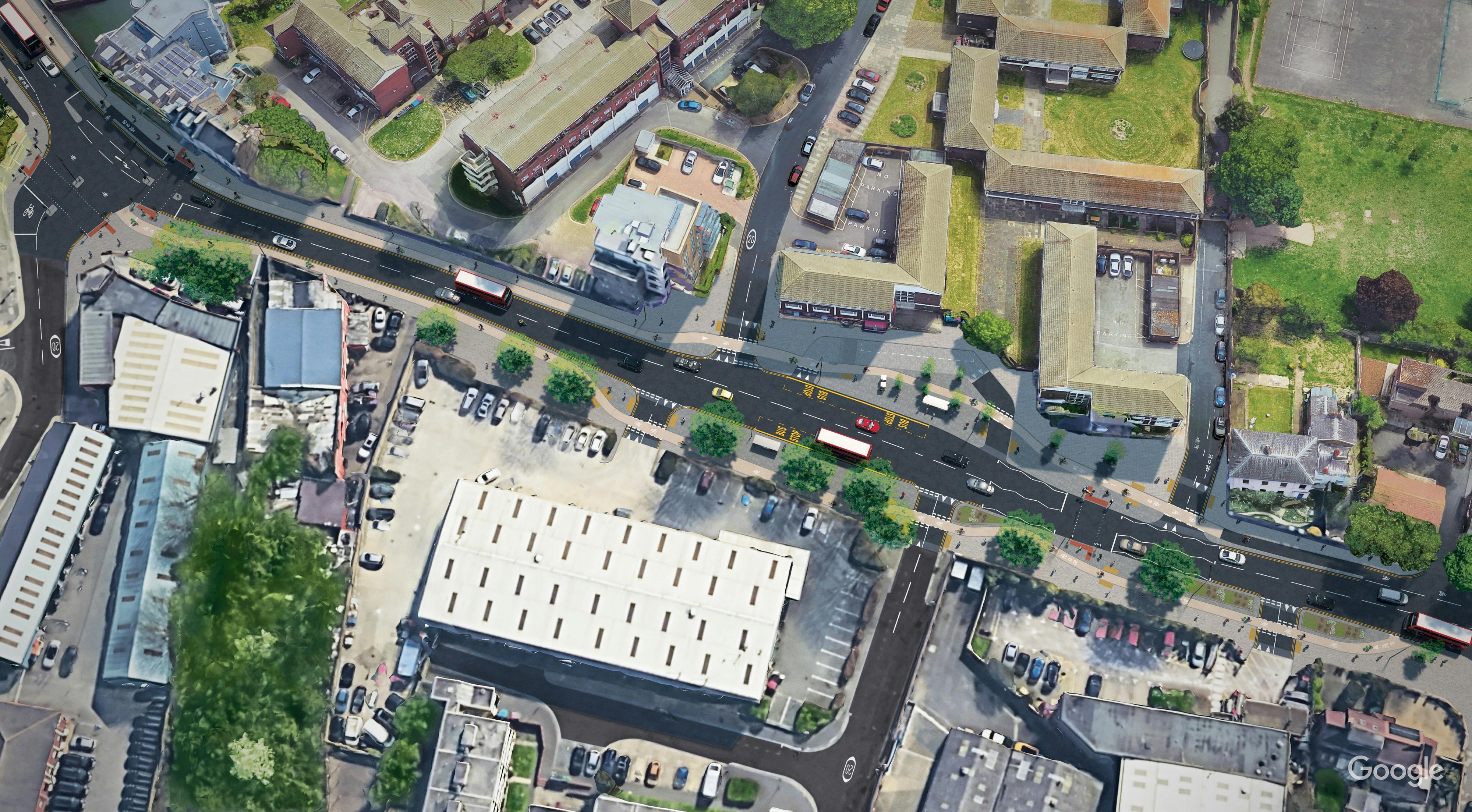 View of cycle lanes behind bus stop