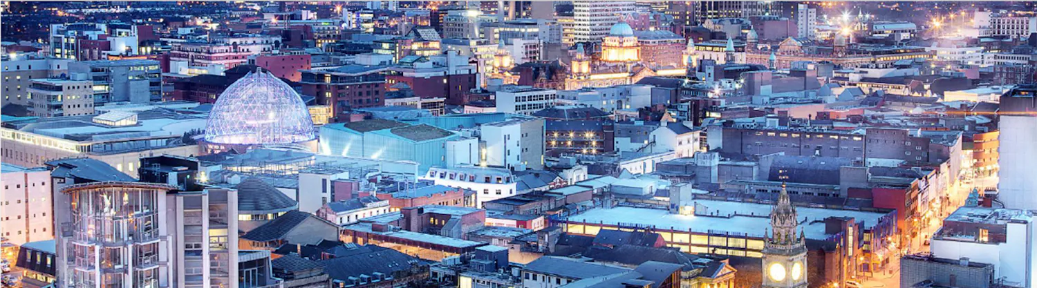 Photo of Belfast city centre at dusk and from above