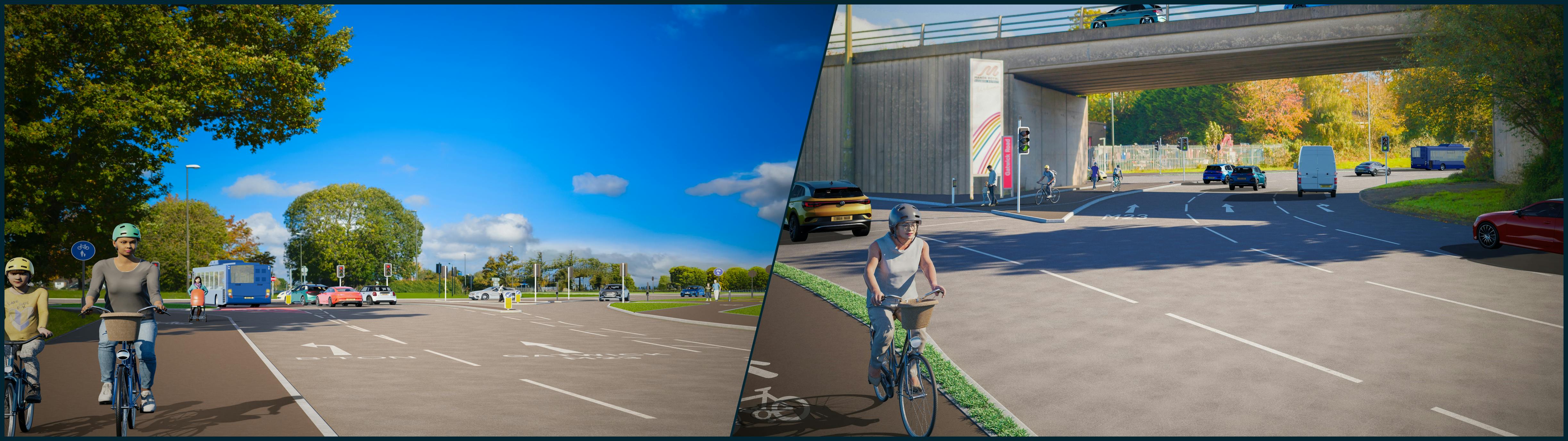 Decorative banner showing two artist impressions of the scheme, one at Tushmore junction and the other at Hazelwick junction