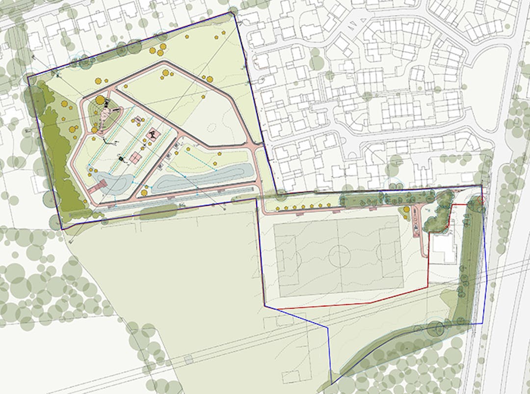 Architects aerial plan/drawing showing proposed improvement options for Hemsleys Meadow and Finches Field