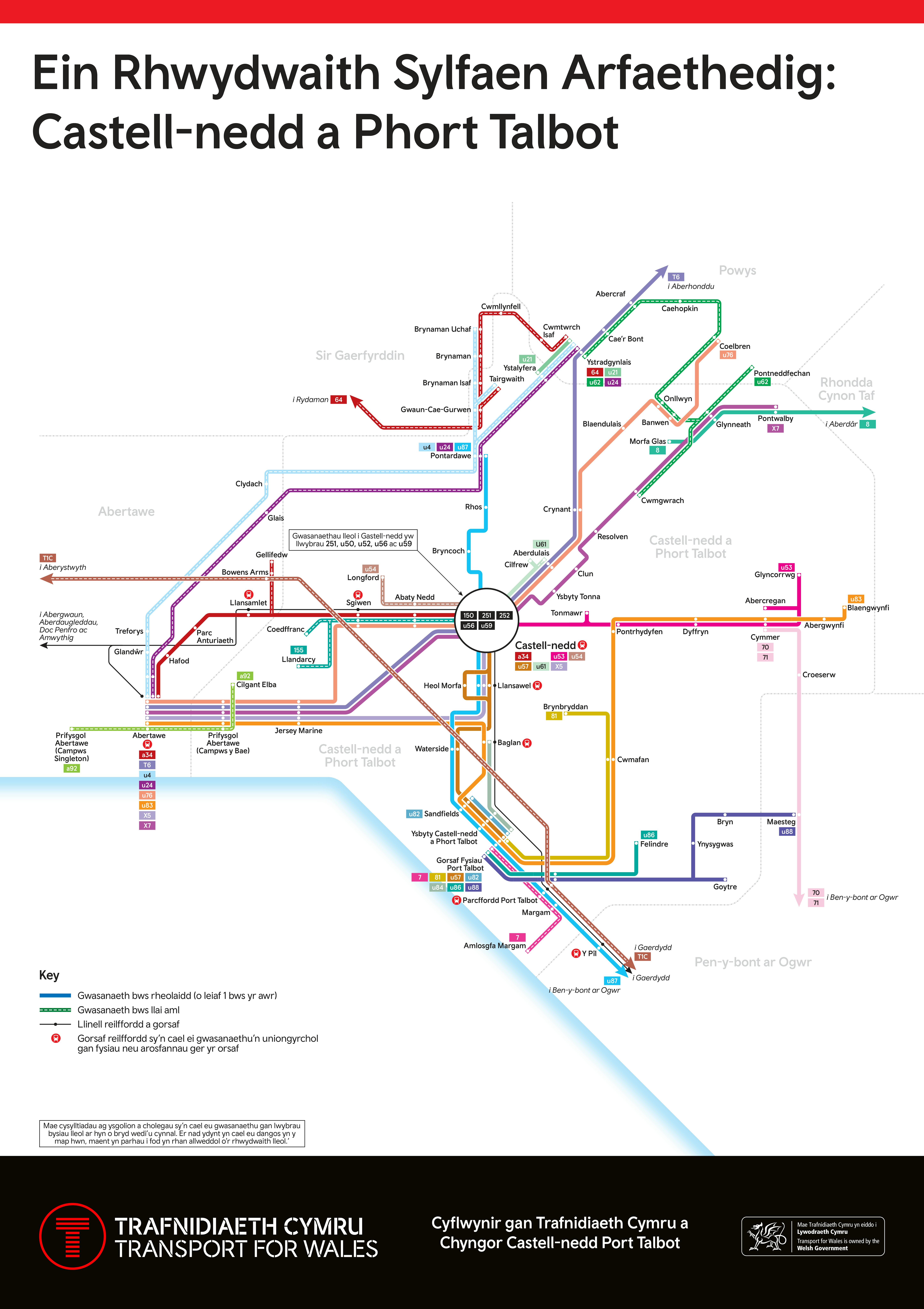 Map graffig yn dangos y Rhwydwaith Sylfaen Arfaethedig yng Nghastell-nedd Port Talbot