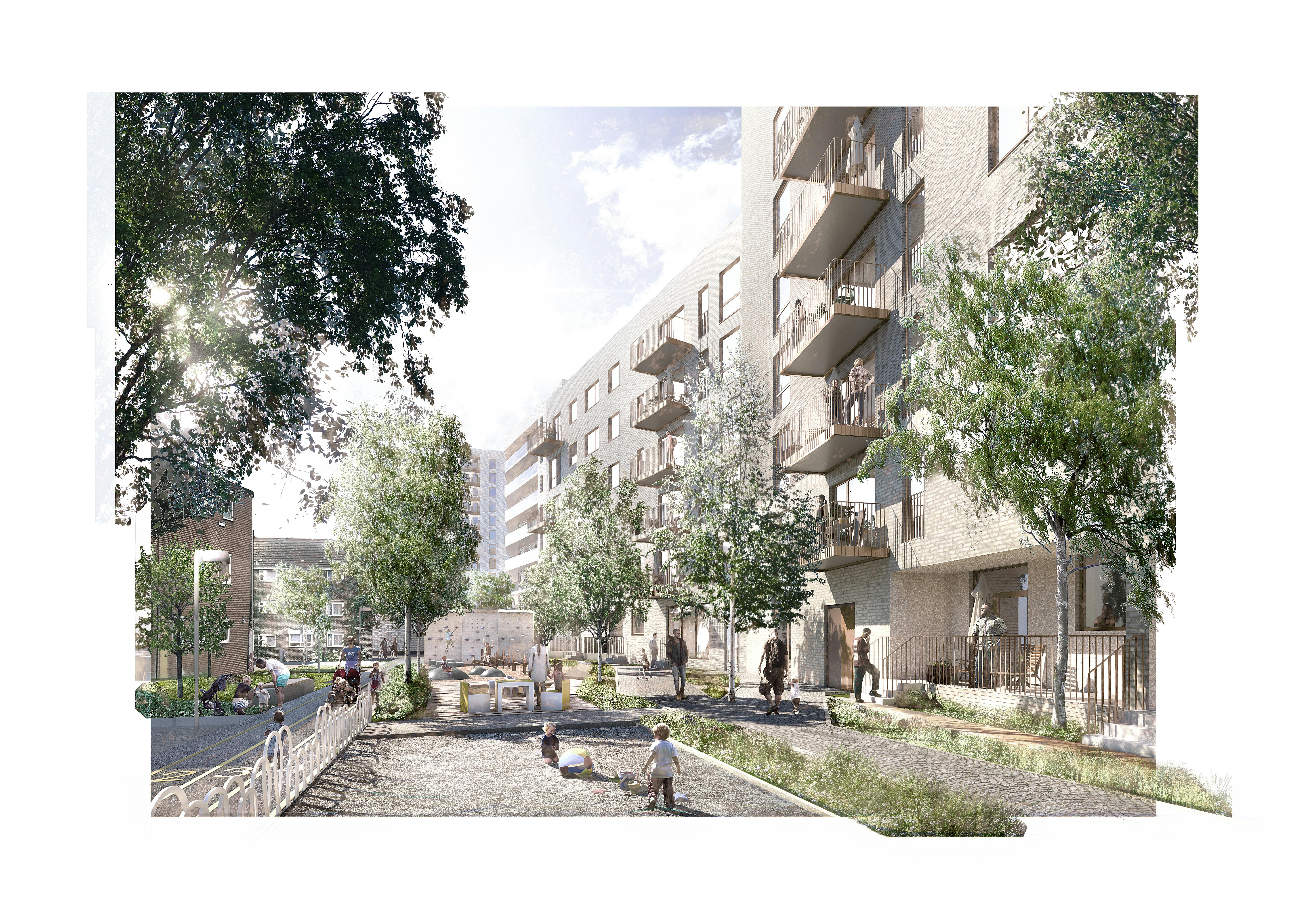 Artist's impression of the view of the courtyard by Block A