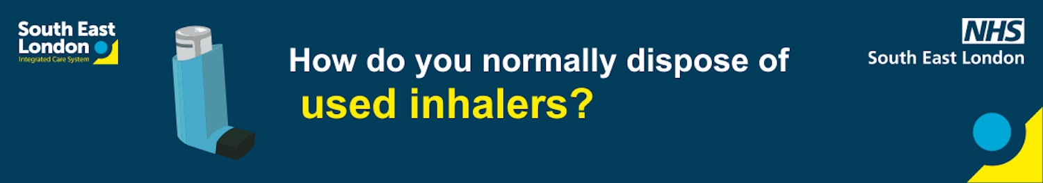 A n image with an inhaler and text: How do you normally dispose of used inhaler