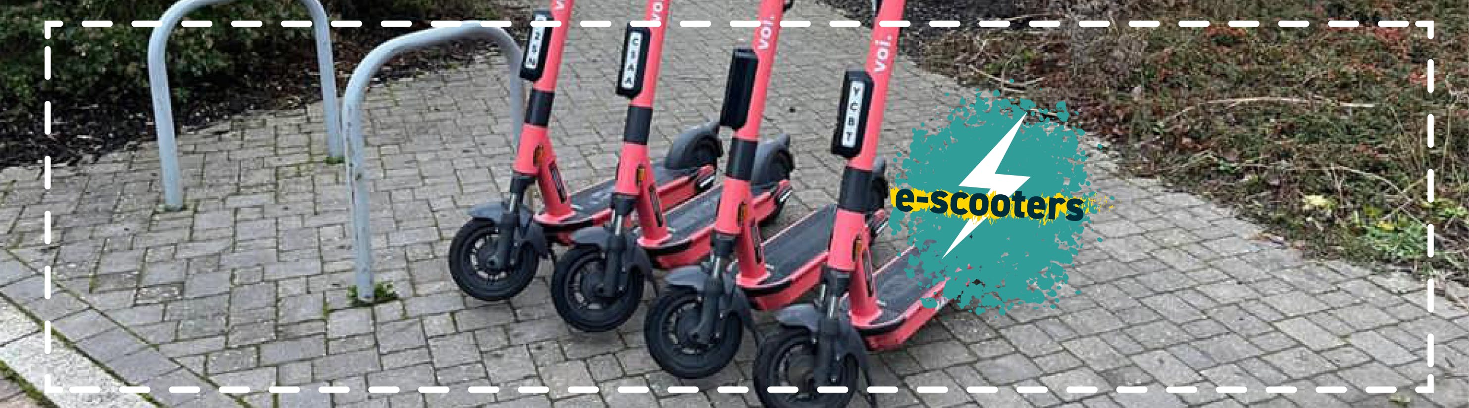 Four red e-scooters lined up. An illustration reads 'e-scooters', with a lightning bolt symbol behind it.