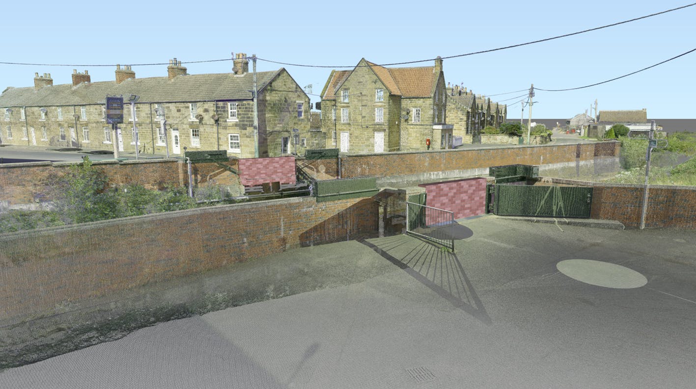 Simulated visualisation of the removed stone row bridge and flood gates from Zetland Row. The gap in the bridge where the flood gates were has been replace with flood wall, tying into the existing flood wall