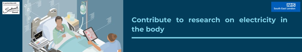 Illustration of a patient in hospital being studied. Text reads: contribute to research on electricity in the body