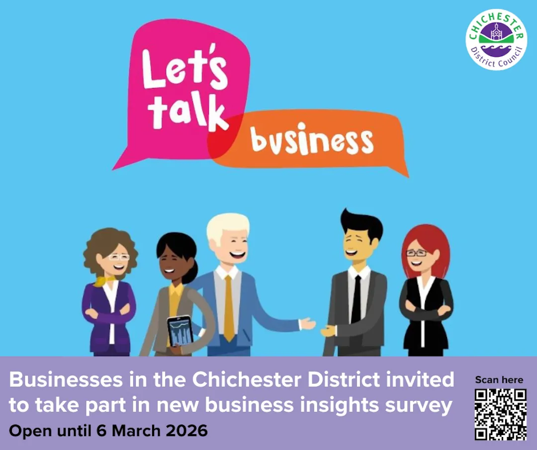Let's Talk Business in the Chichester district  logo . Take part in the new business insights survey: Ope until 6 March 2026