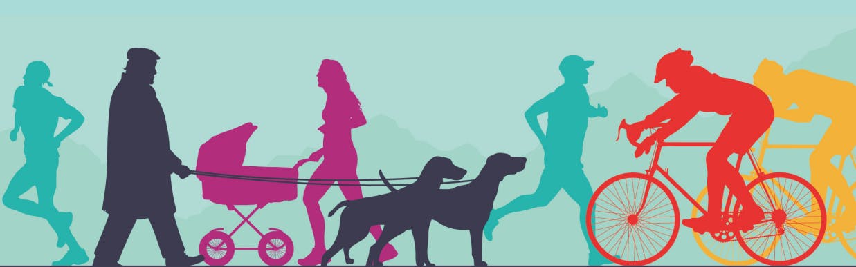 Banner of outlines of people pushing a pram, walking their dogs, cycling, and running