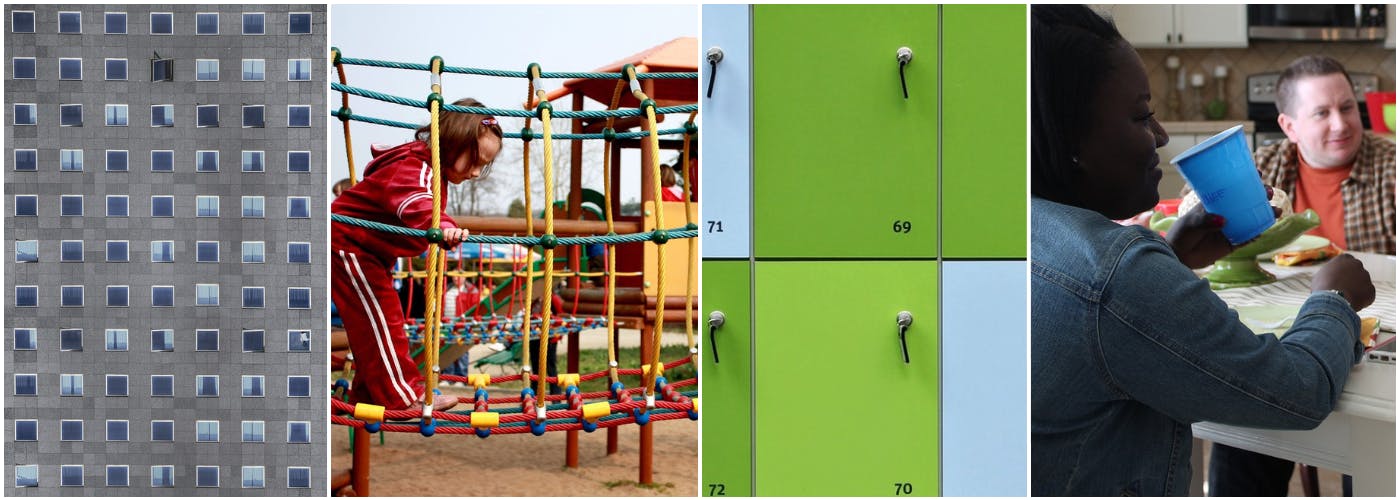 multi image of tower block windows, a child playing on play equipment, green and blue locker doors, people socialising
