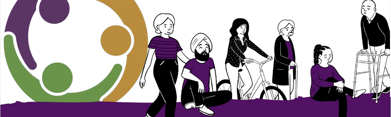 West Sussex SAB logo next to various people: female walking, seated Sheikh, female bike rider, older male with walking frame