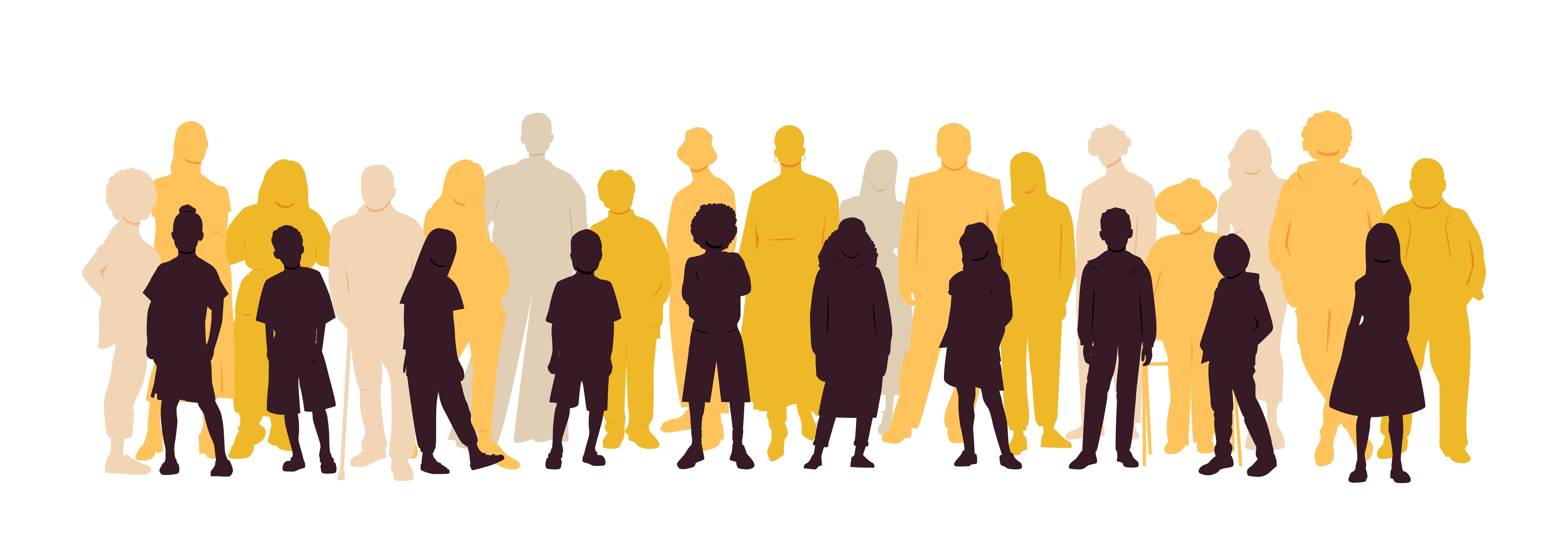 Silhouette of children and adults  in yellows and browns