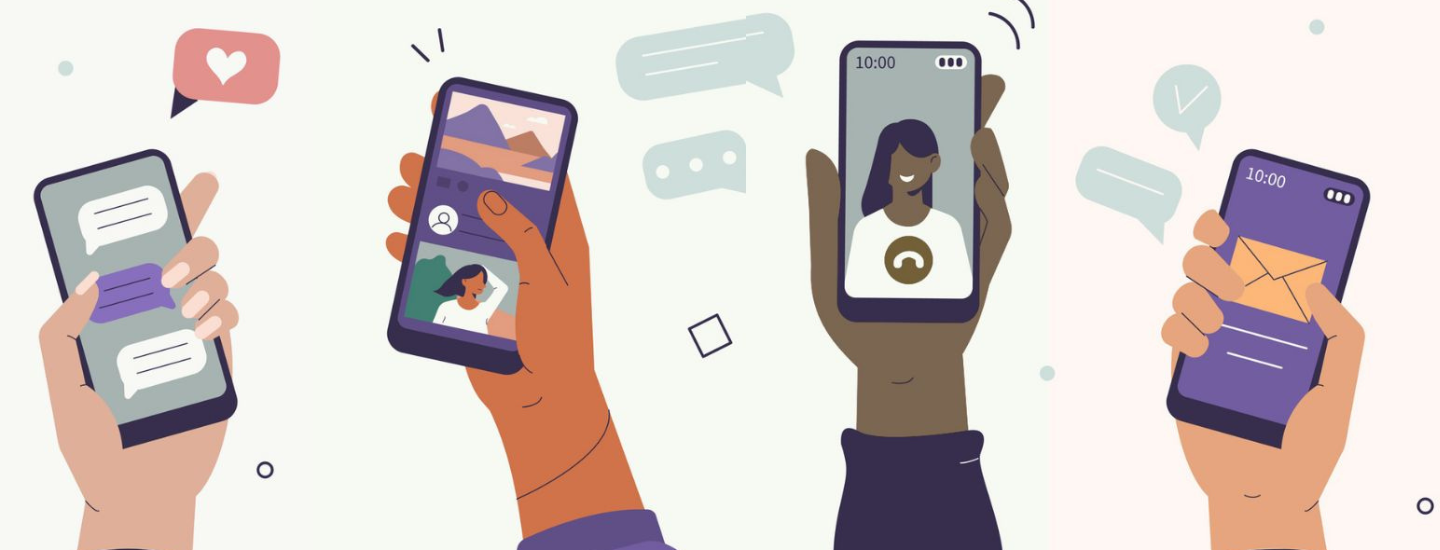 Illustration of four different hands holding mobile phones against a background of speech bubbles