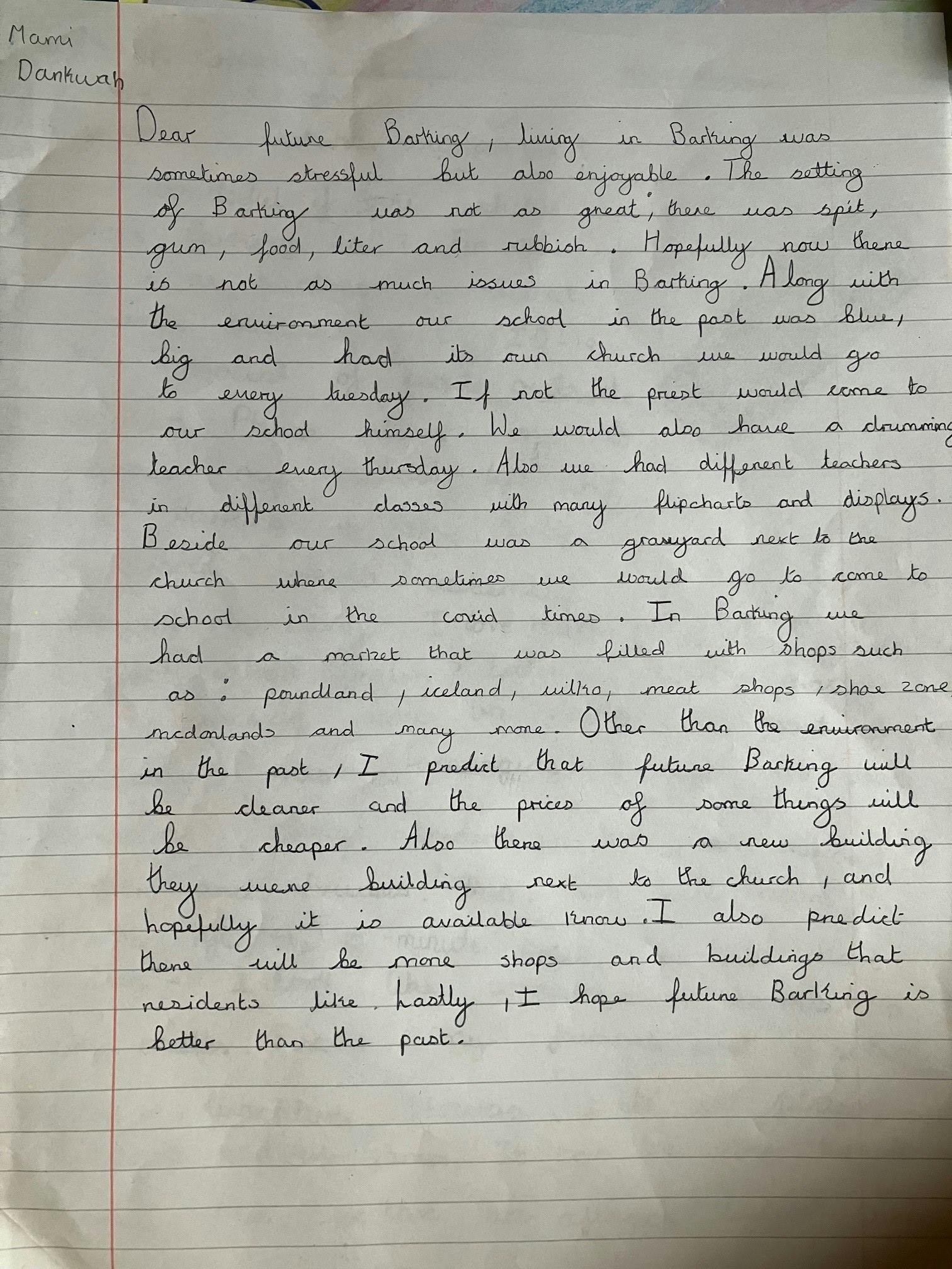 Letter to a future reader by Mami Dankwah, aged 11, St Margaret's Primary School 