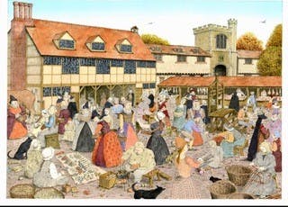 A beautiful illustration of the Leet House and marketplace from David Atkinson's website.