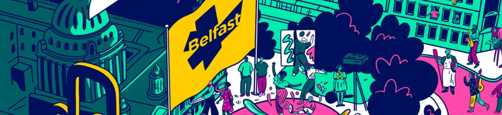 cartoon graphic of City Hall and people doing creatve things