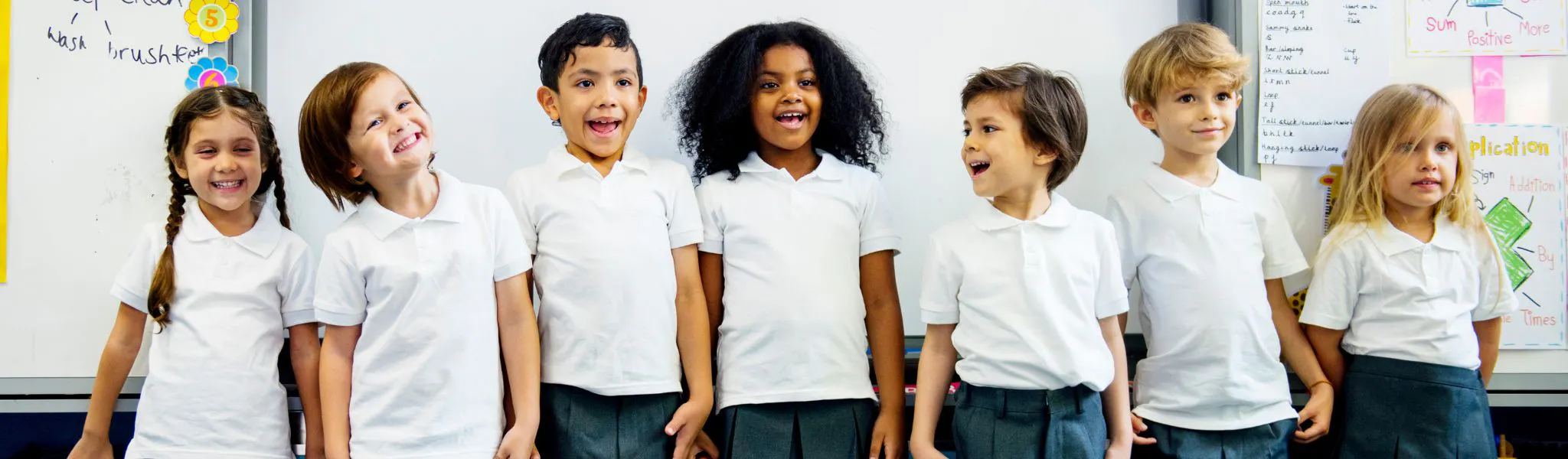 Group of students standing in a classroom in a line smiling