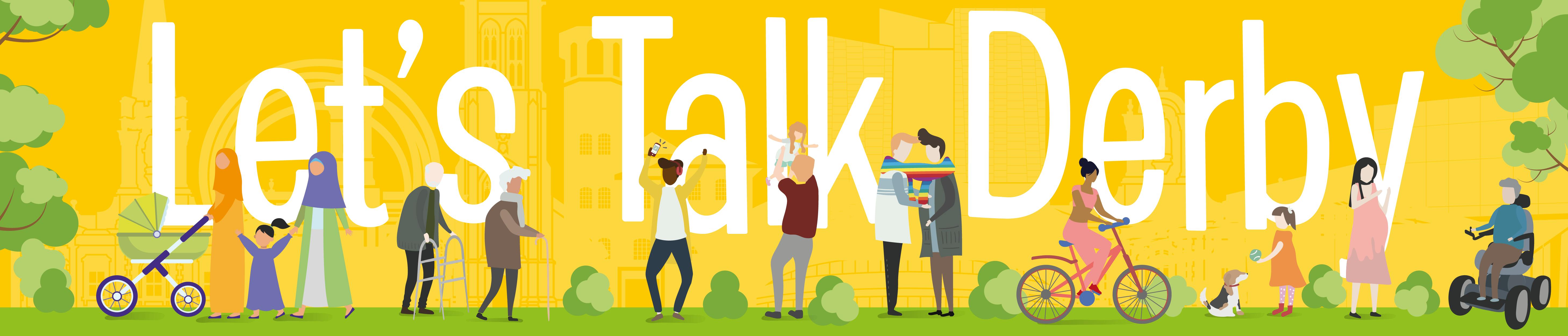 let's talk derby banner showing people walking around on a yellow background