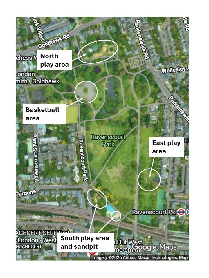 A map of Ravenscourt Park showing the play area locations