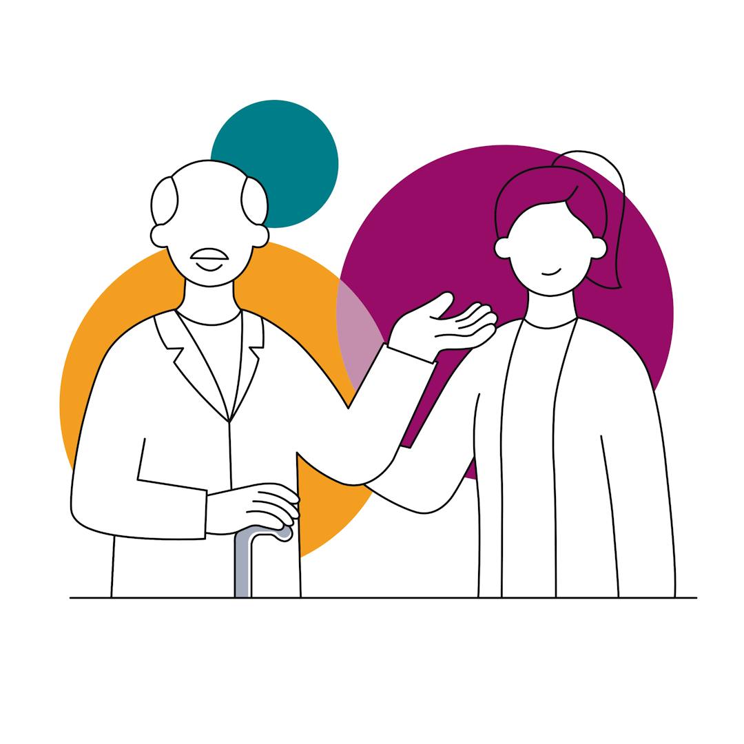 Person with walking cane talking to another person