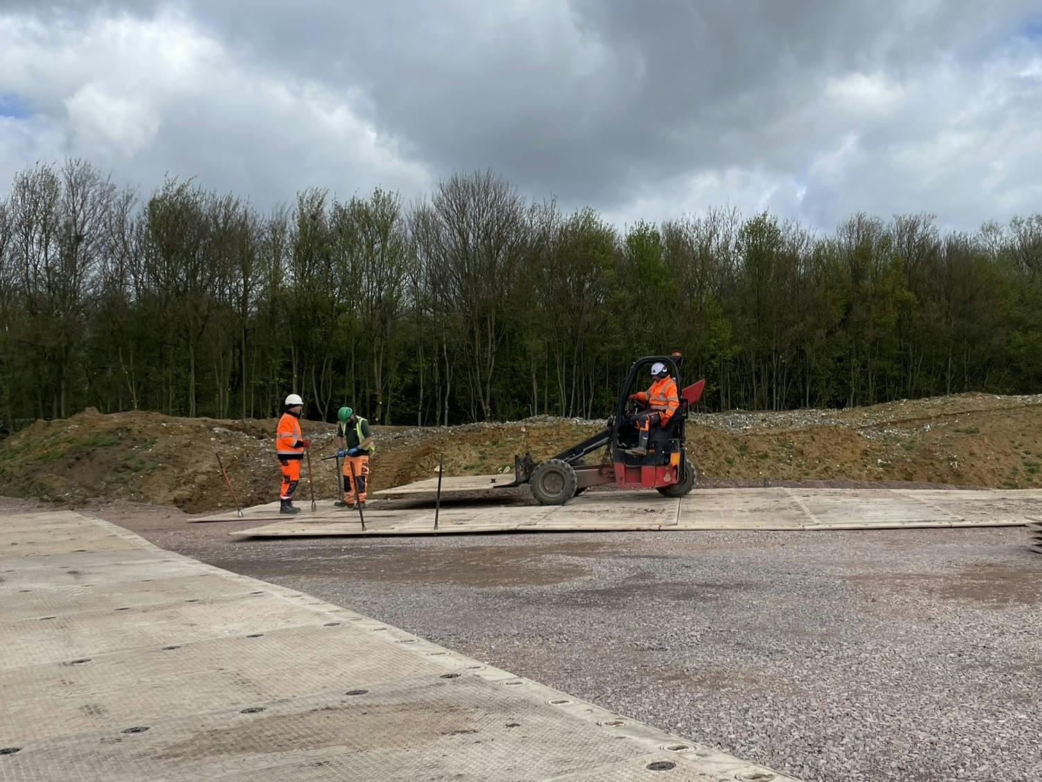 Site set up March 2026 base layer of agrregate with track matting on top to create heavy vehicle access.