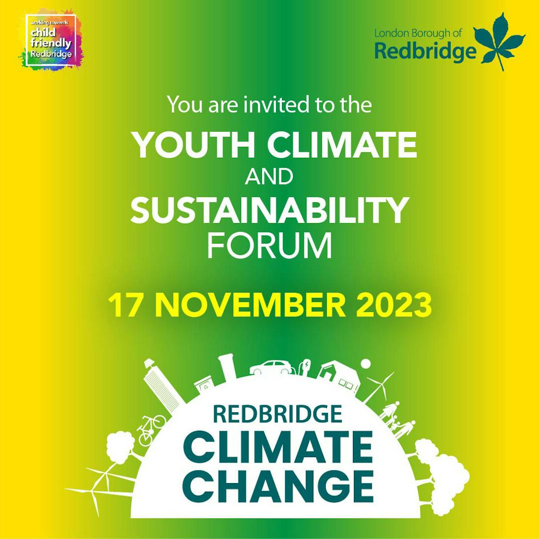 Yellow and green  graphic with the words "Youth Climate and Sustainability Forum"