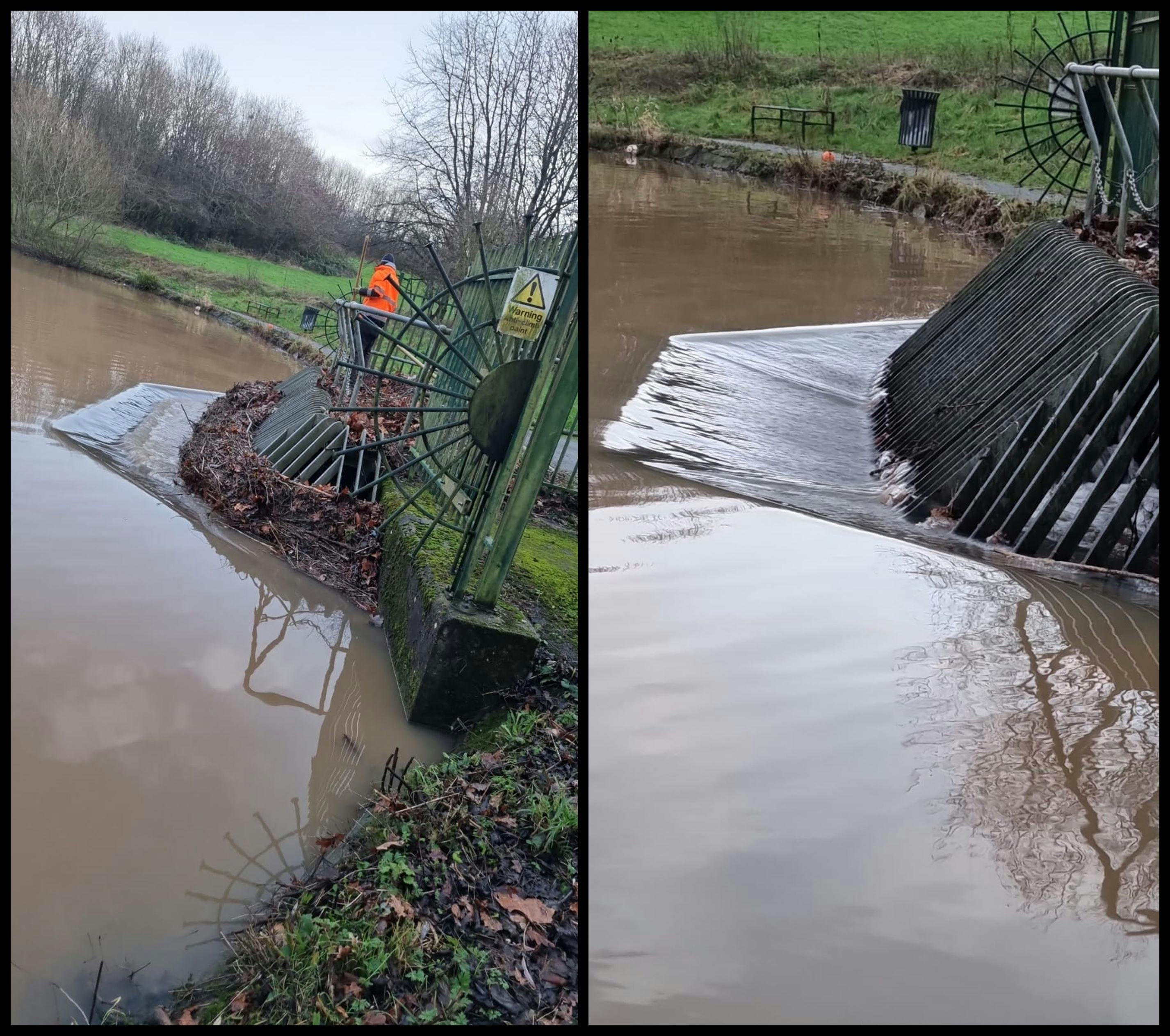 Side by side comparison of a metal debris screen at the outflow of Braunstone Park lake. In the before image half of it's vertical extent is covered in a thick layer of twigs and leaves, which are subsequently cleared.