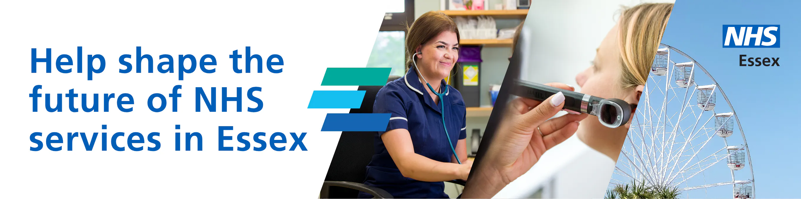 NHS Essex public engagement campaign featuring a healthcare professional speaking with a patient.