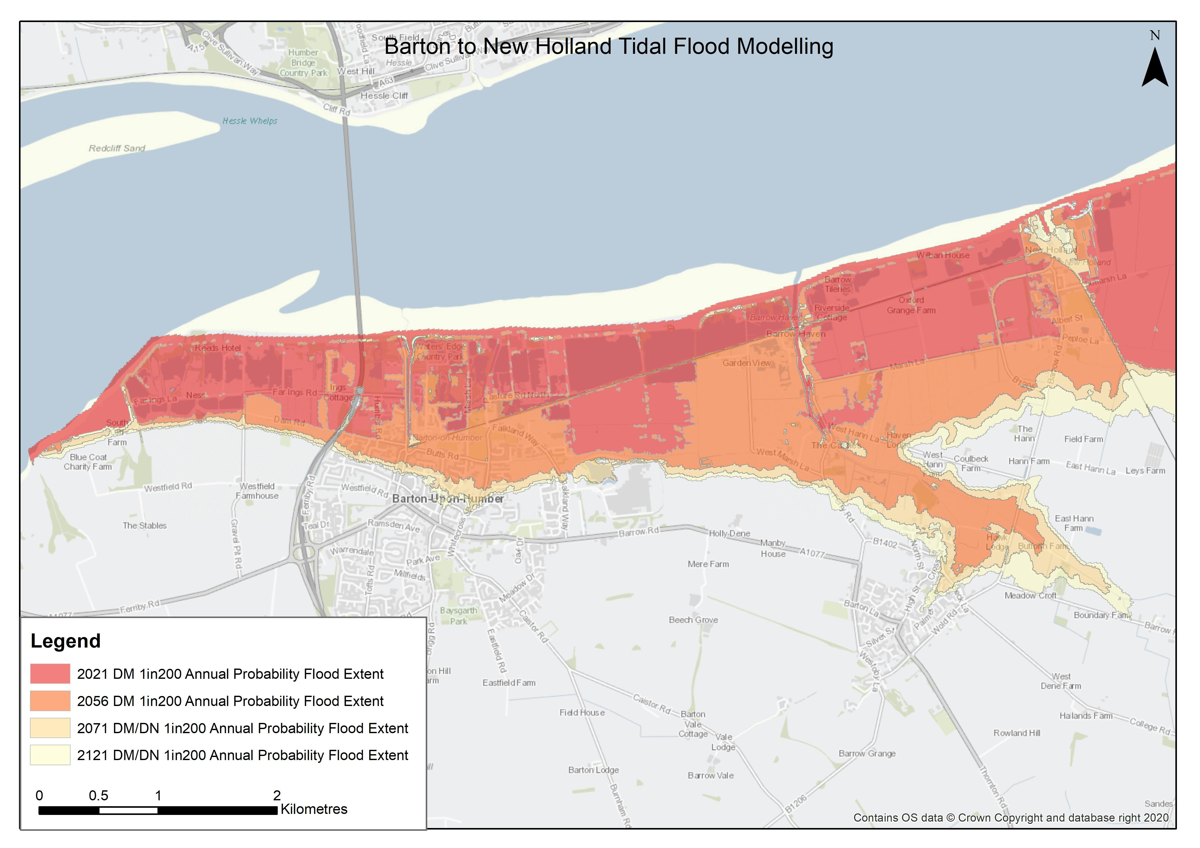 Diagram showing the flood modelling of Barton to New Holland, with darker red areas showing flood event impacts in 2021, orange for 2056, light orange for 2071, and pale yellow for 2121