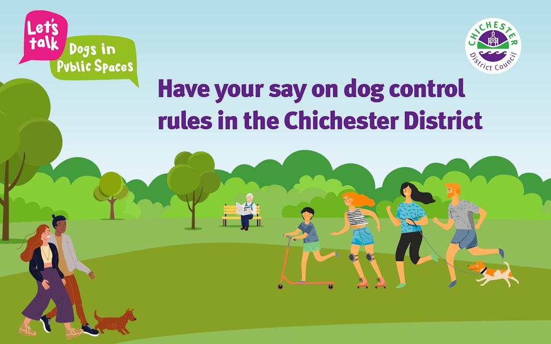 Let's talk dogs in public spaces: Have your say on dog control rules in the Chichester District.  People and dogs in a park