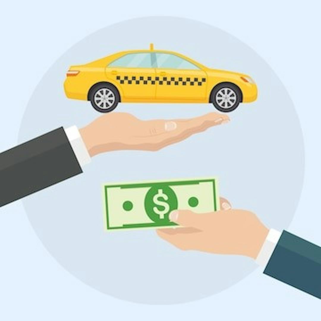 Image of one hand holding a taxi and another holding money