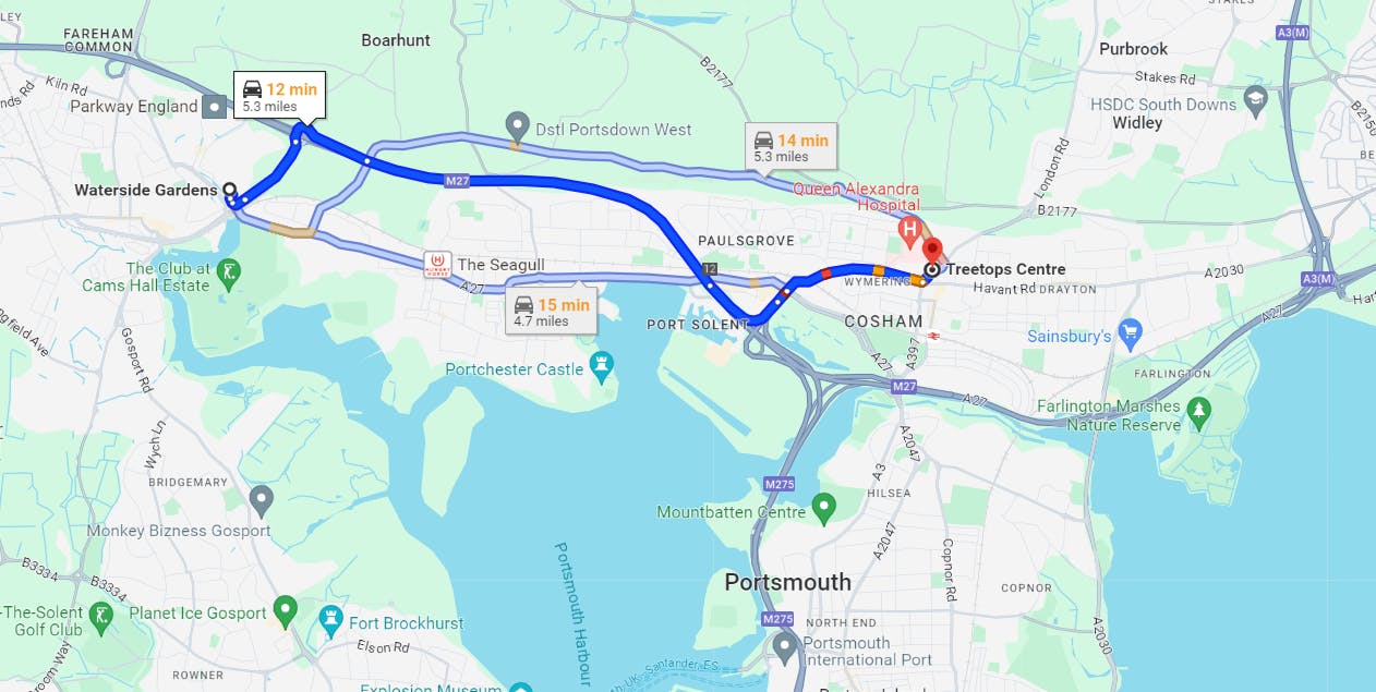 Travel map of Fareham and Treetops Centre
