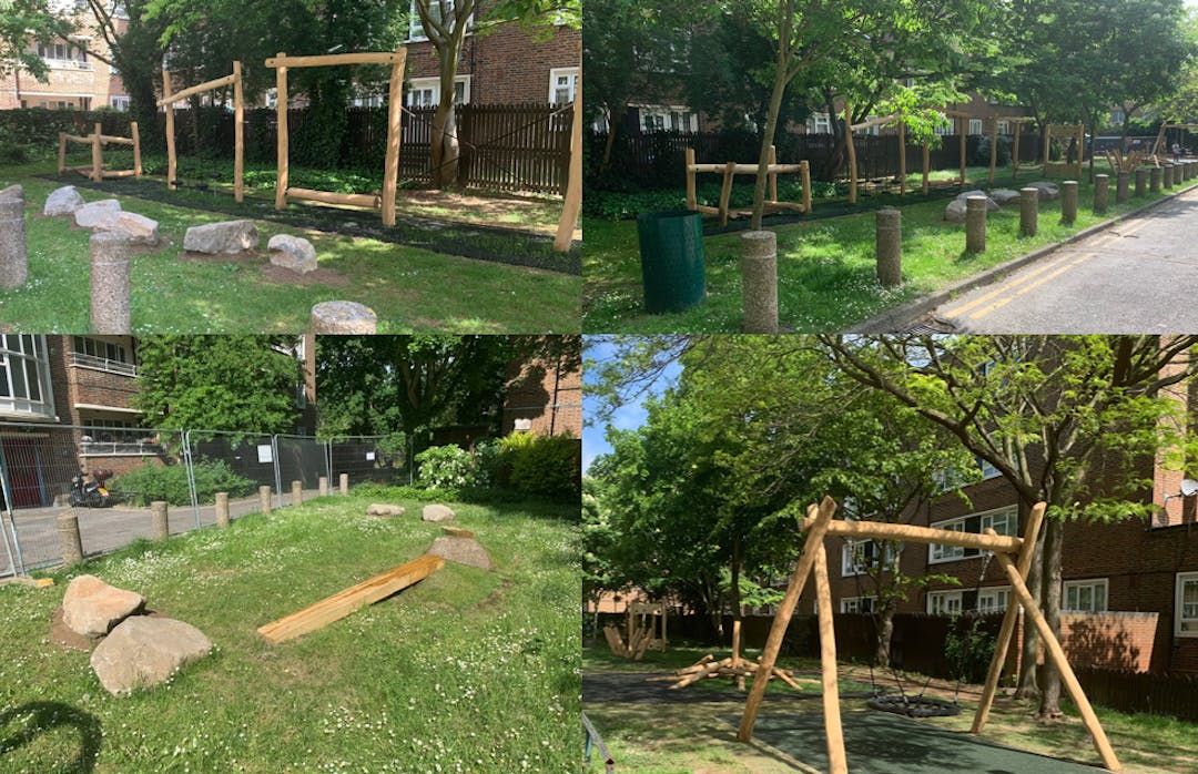 4 photos of natural play areas consisting of balance beams, boulders, play trail equipment and an accessible basket swing 