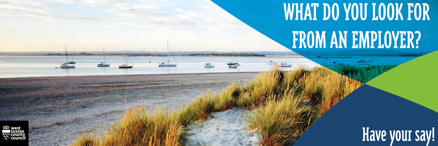 Beach with text: What do you look for from an employer? Have your say!