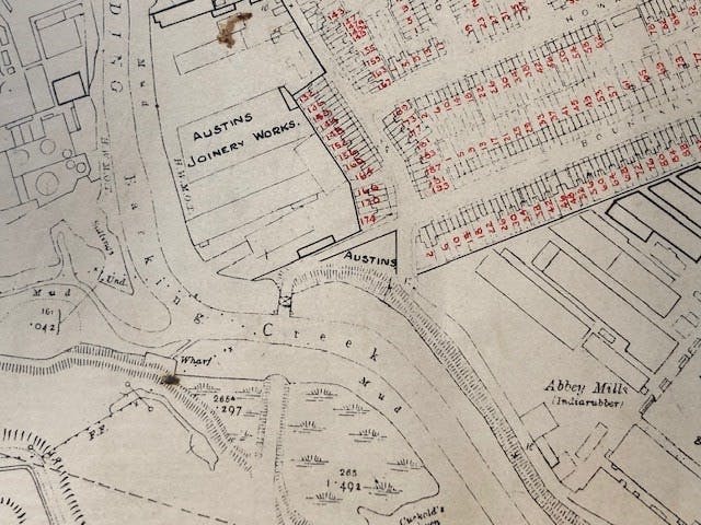 Map of Austin's joinery and Abbey Mills in the mid 20th century from LBBD Archives