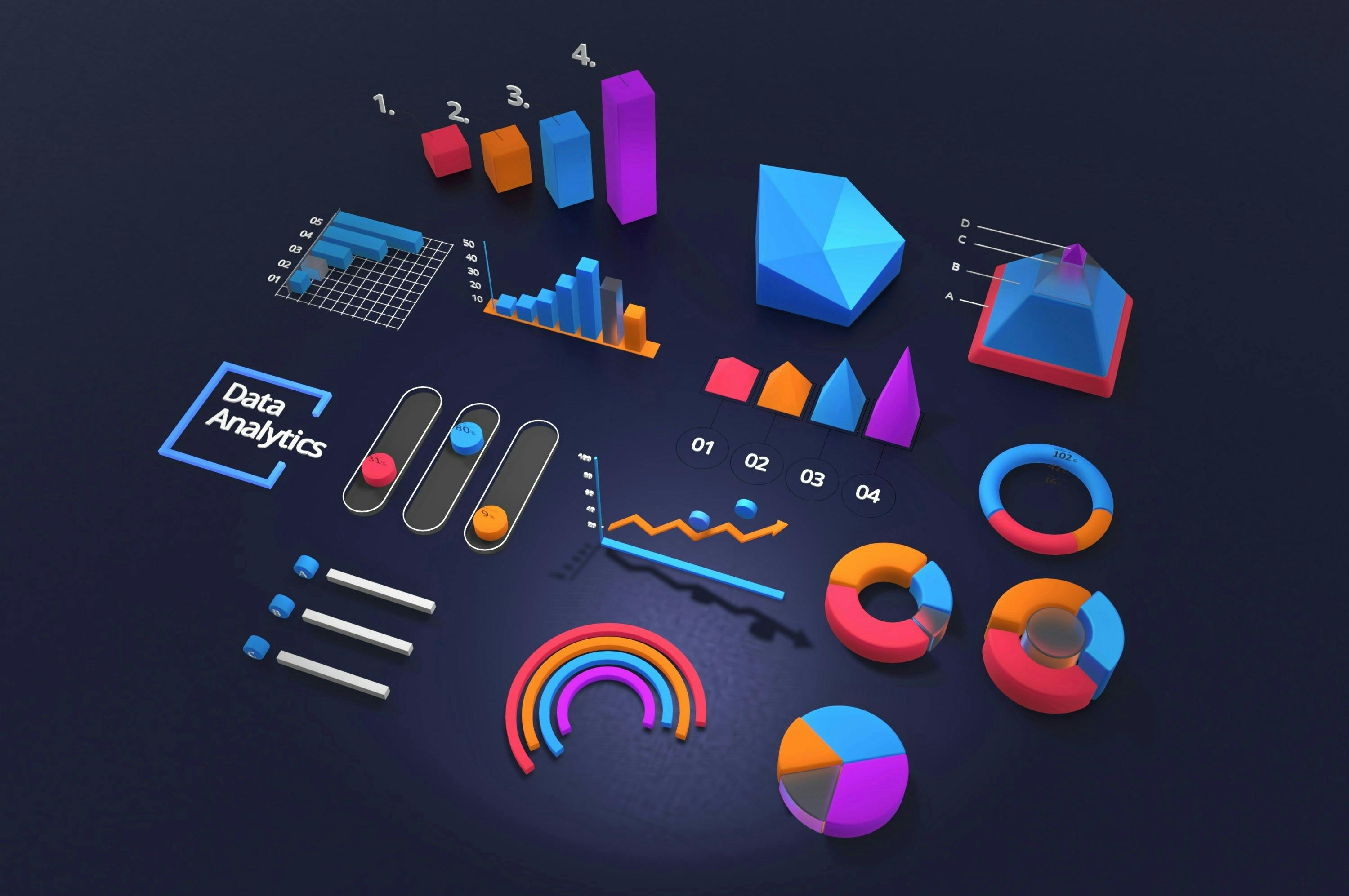 Coloured blocks and shapes representing different types of data charts