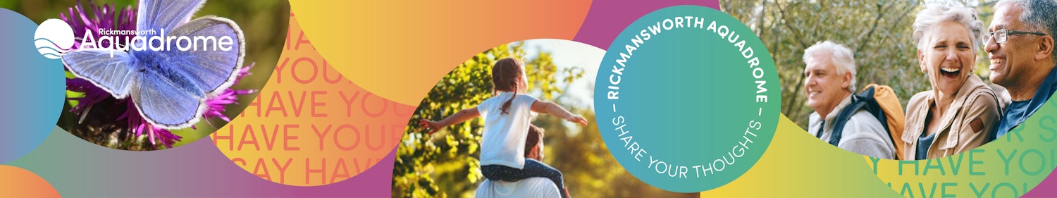 colourful banner with circular images, one of a butterfly one of a child on an adults shoulders and one of people laughing