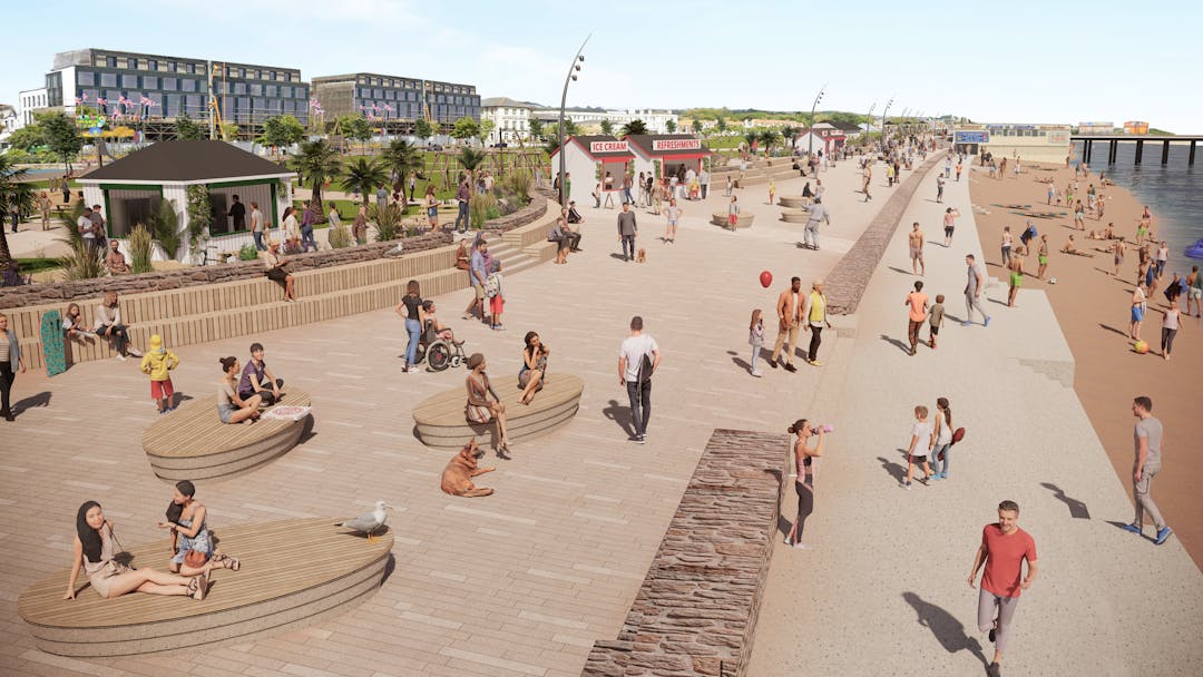 illustration of the idea for Paignton seafront, which includes people walking where the road could be,