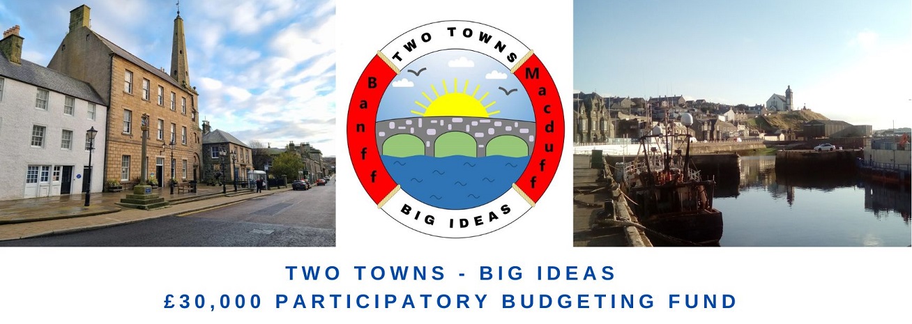 Image of the town house, Banff and Macduff Harbour with text promoting new grant fund.