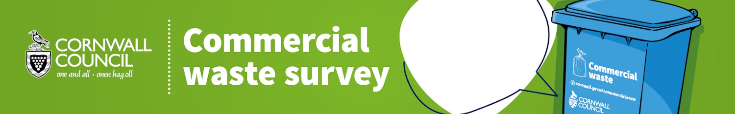 A green banner with a white speech bubble, a blue commercial waste wheelie bin and the words 'commercial waste survey'.