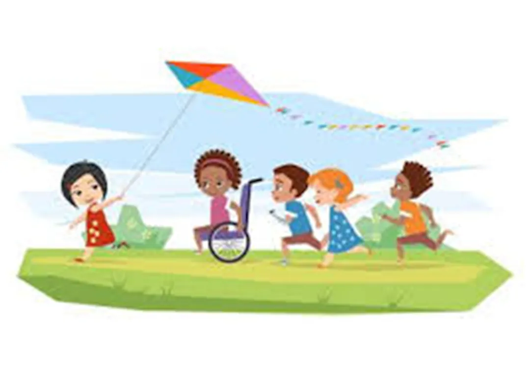 Image shows the a cartoon image of young people flying a kite