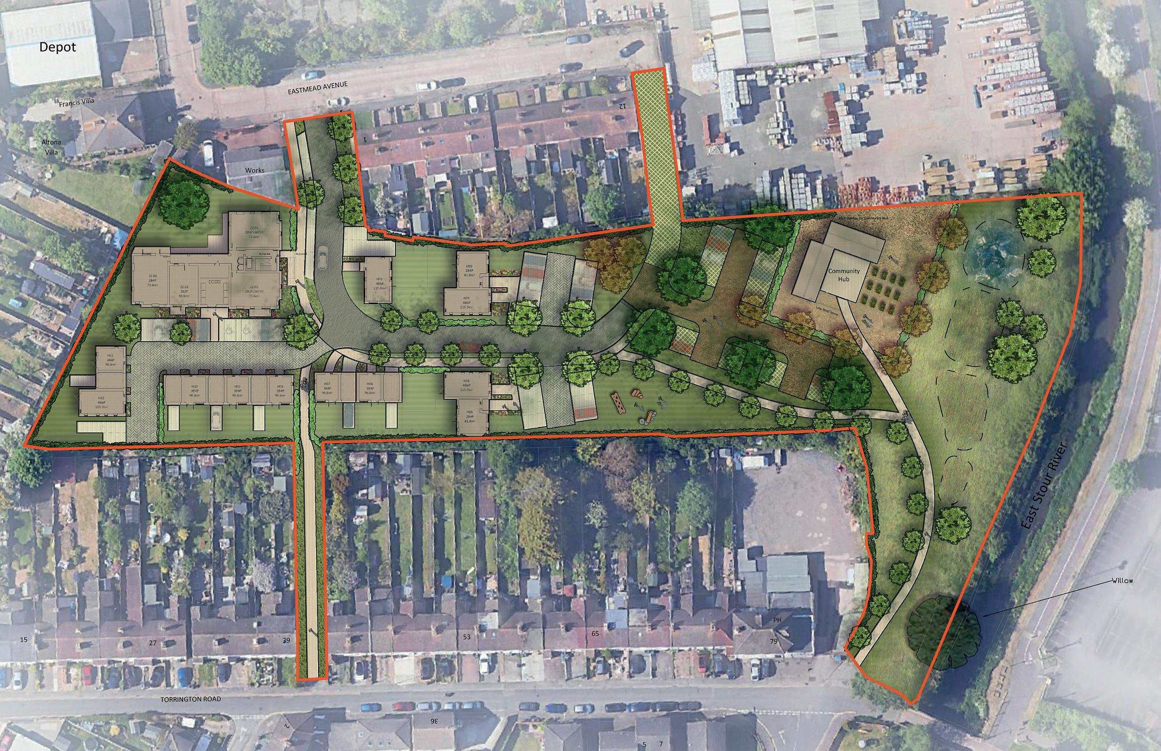 Overhead view of the site detailing  a community project aimed at combating isolation in older people; a brand new landscaped green space alongside the river and 28 affordable homes.